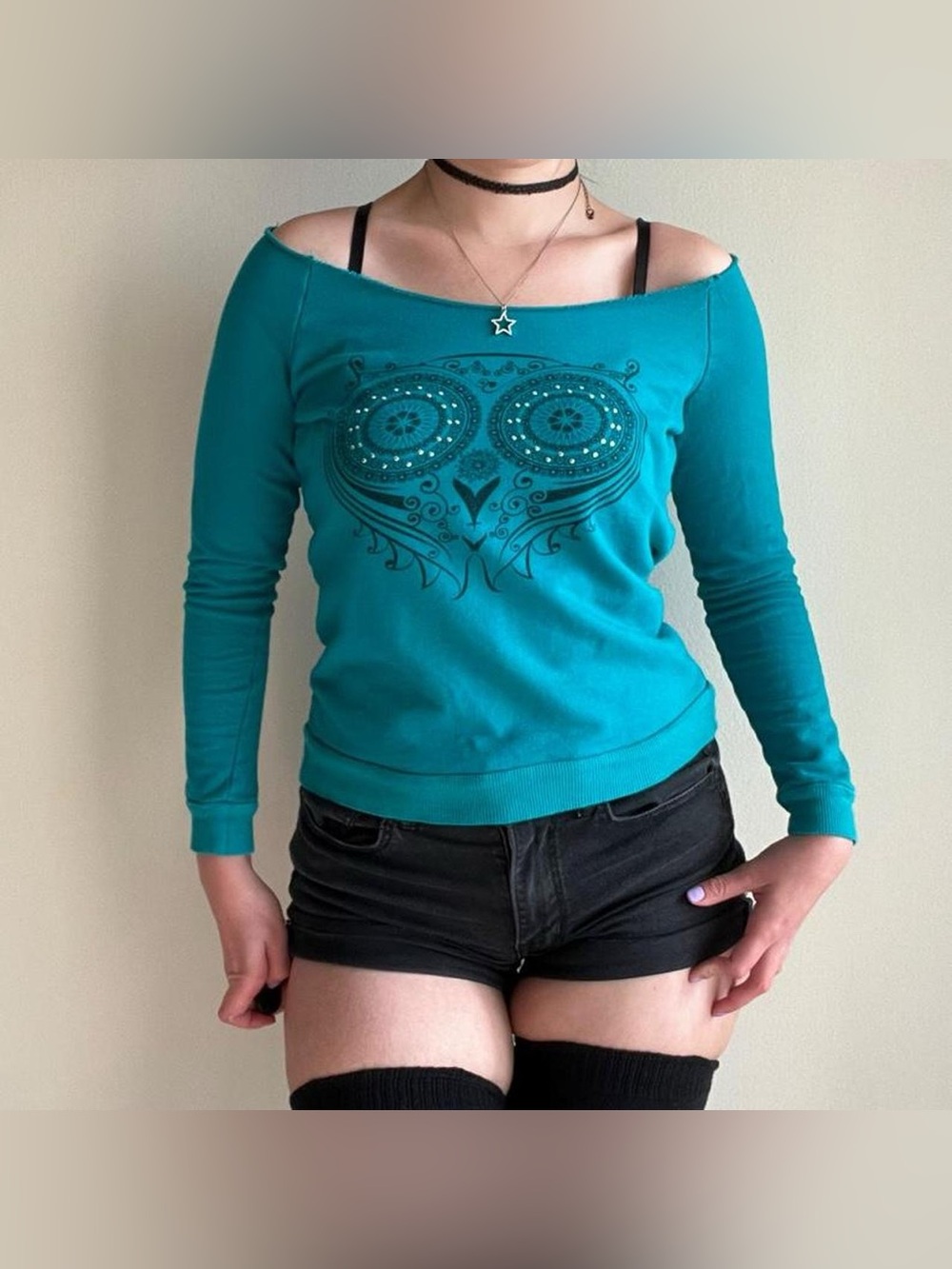 Y2K 2010s Twee whimsy Millennial teal owl graphic off the shoulder top S (junior